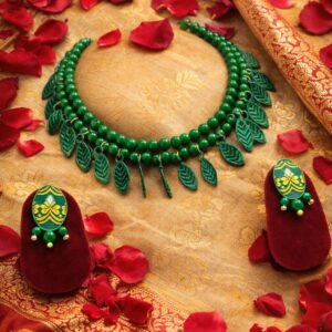 Home venucian green colour beaded jewellery set made of assam silk