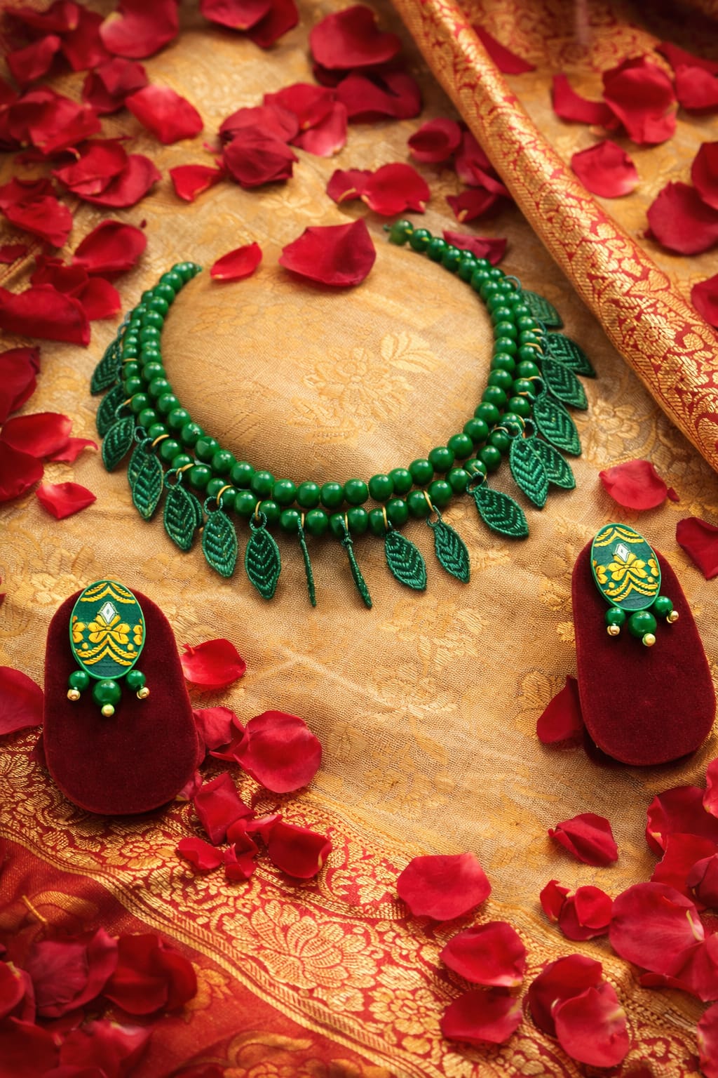 venucian green colour beaded jewellery set made of assam silk