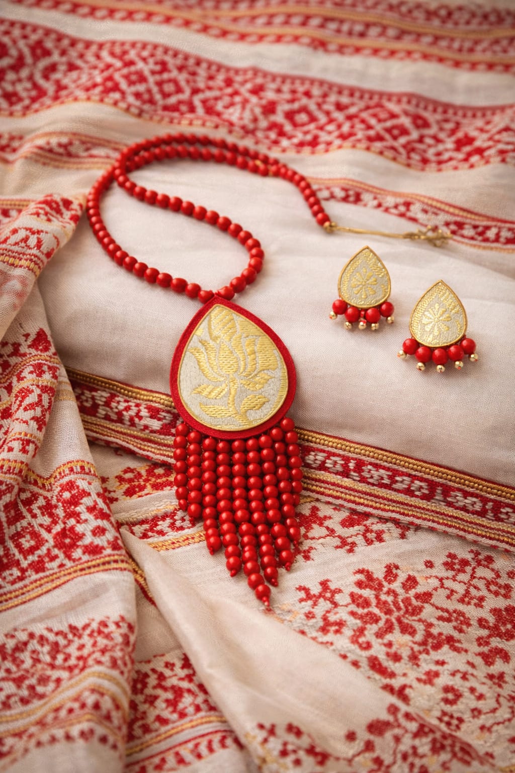 venucian handcrafted beaded jewellery set made of muga fabric