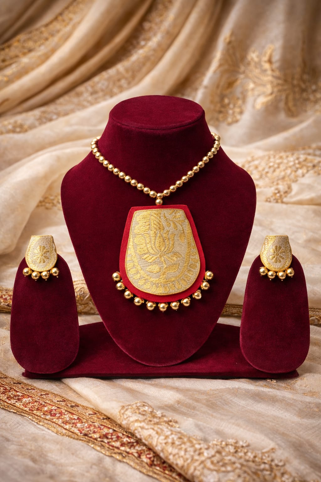 venucian handcrafted jewellery made of muga fabric