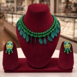 venucian green colour beaded jewellery set made of assam silk