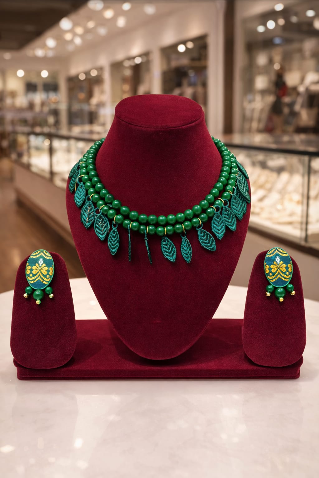 venucian green colour beaded jewellery set made of assam silk