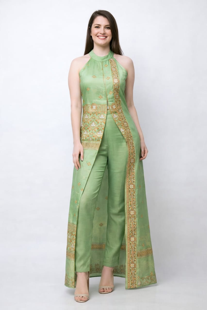 raanivat halter neck long overlay kurta