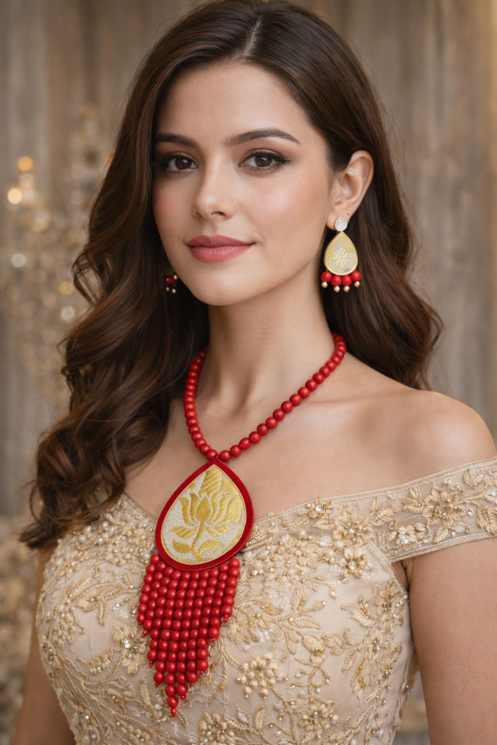 venucian handcrafted beaded jewellery set made of muga fabric