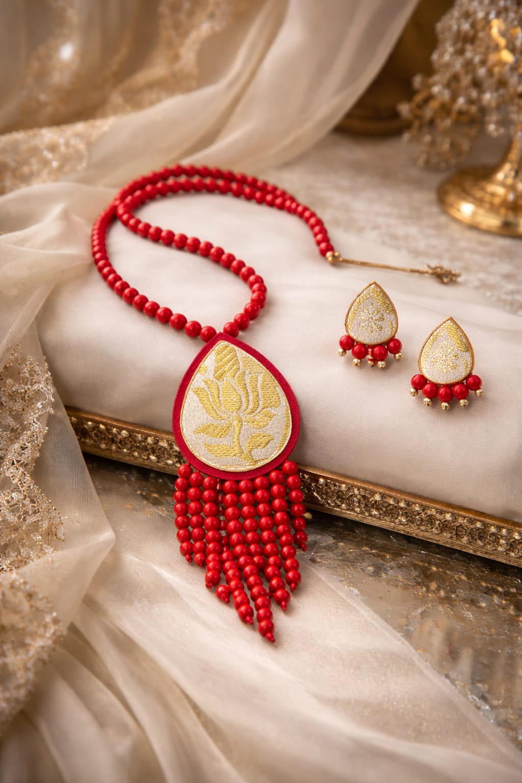 venucian handcrafted beaded jewellery set made of muga fabric