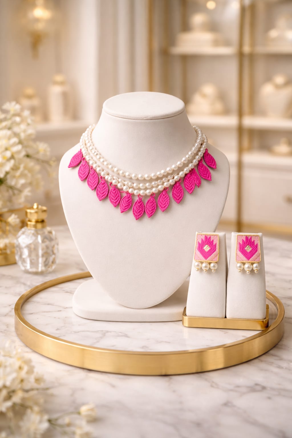 venucian handcrafted pearl set made of assam silk fabric