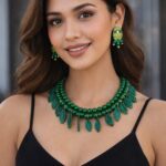 venucian green colour beaded jewellery set made of assam silk