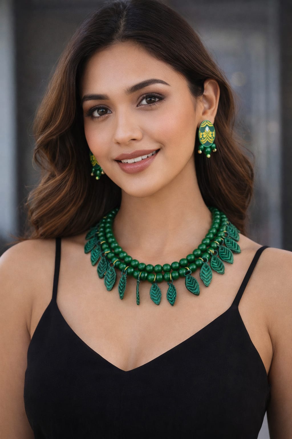 venucian green colour beaded jewellery set made of assam silk