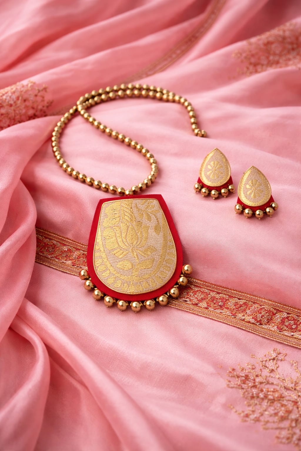 venucian handcrafted jewellery made of muga fabric