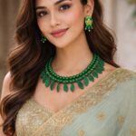 venucian green colour beaded jewellery set made of assam silk