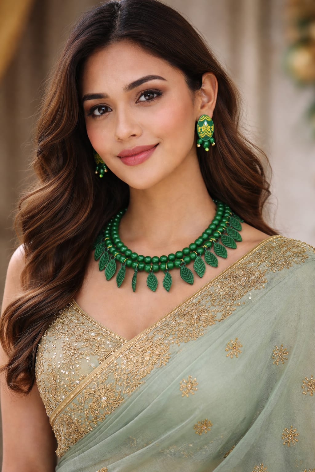 venucian green colour beaded jewellery set made of assam silk