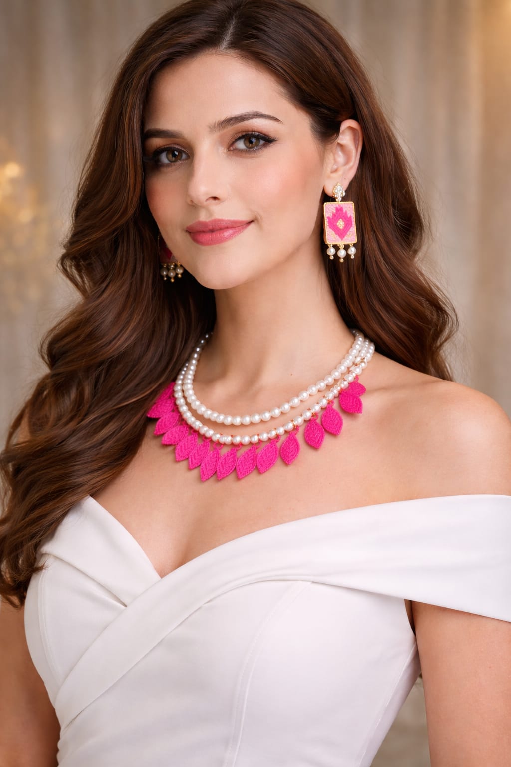 venucian handcrafted pearl set made of assam silk fabric