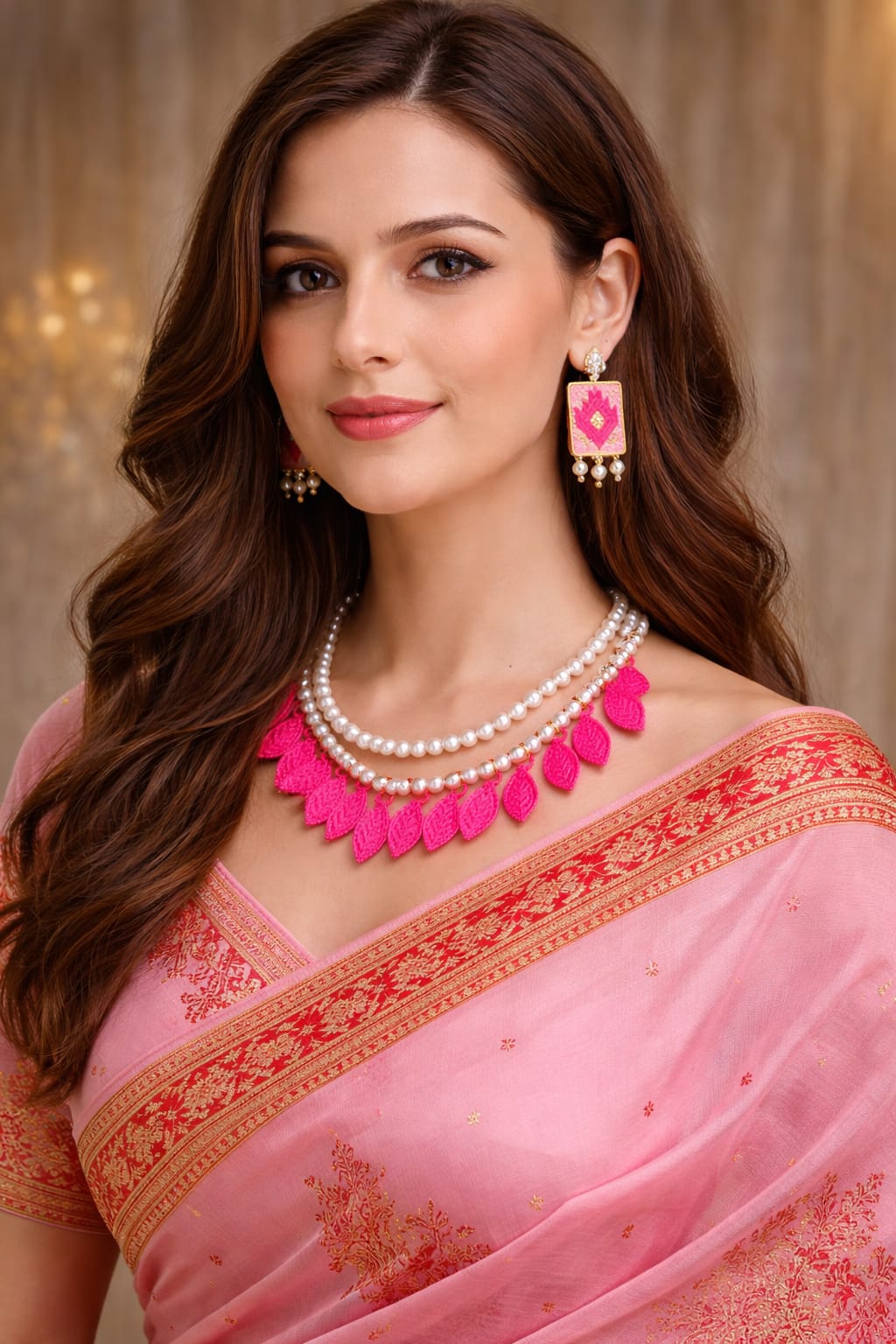 venucian handcrafted pearl set made of assam silk fabric