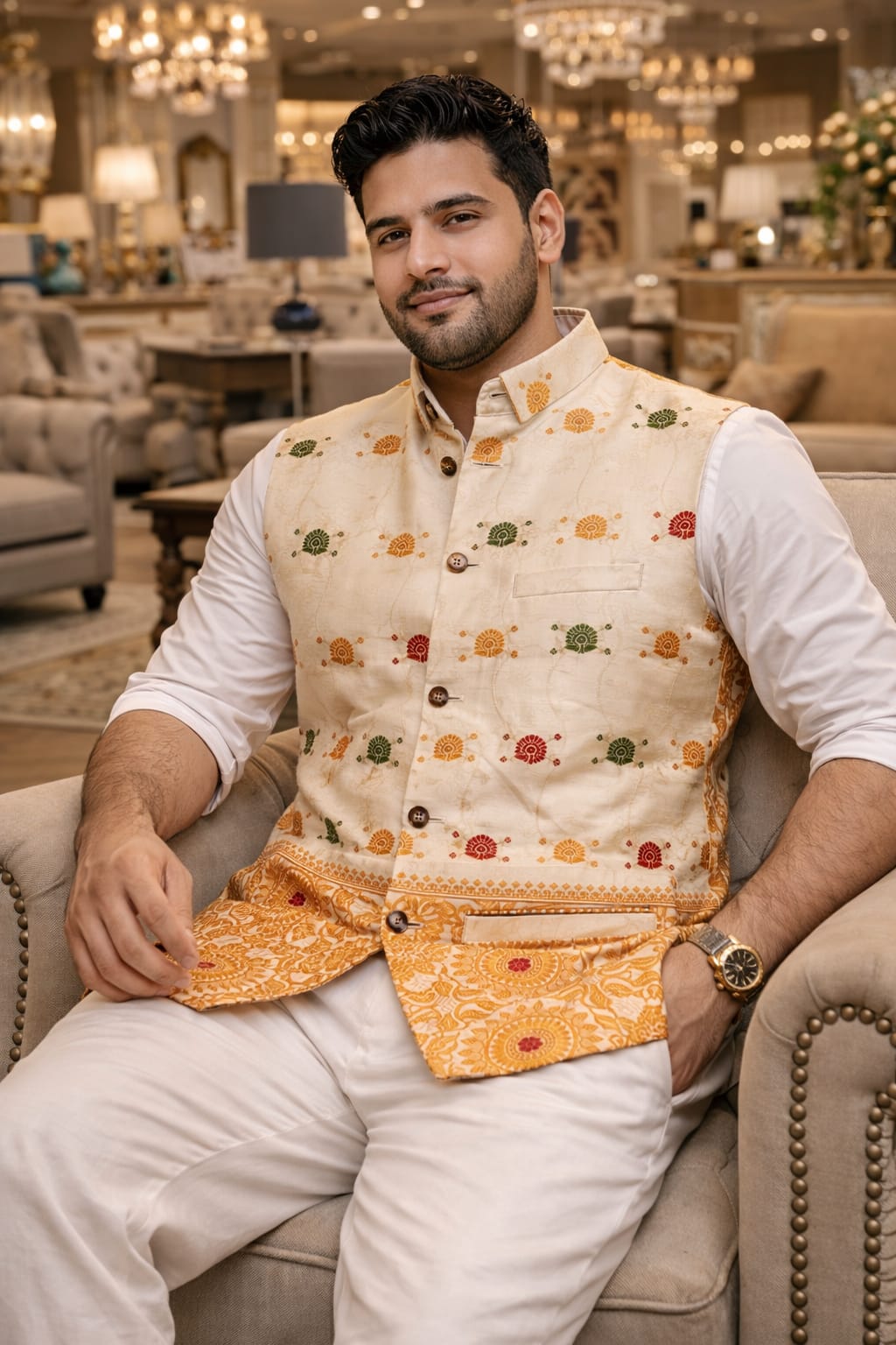 opulent modi collar half jacket made of assam silk