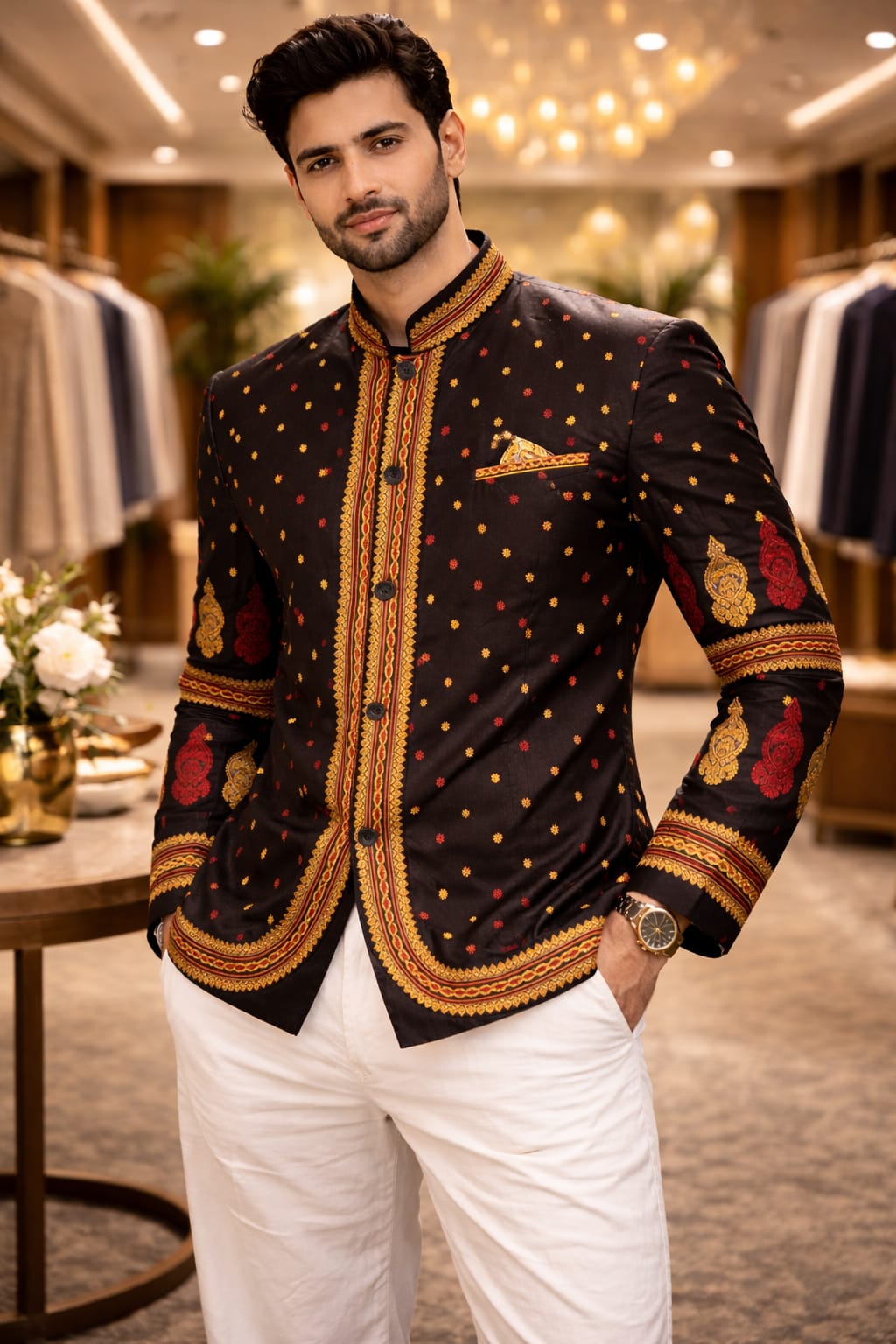 opulent modi collar full sleeved assam silk blazer