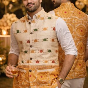 opulent modi collar half jacket made of assam silk