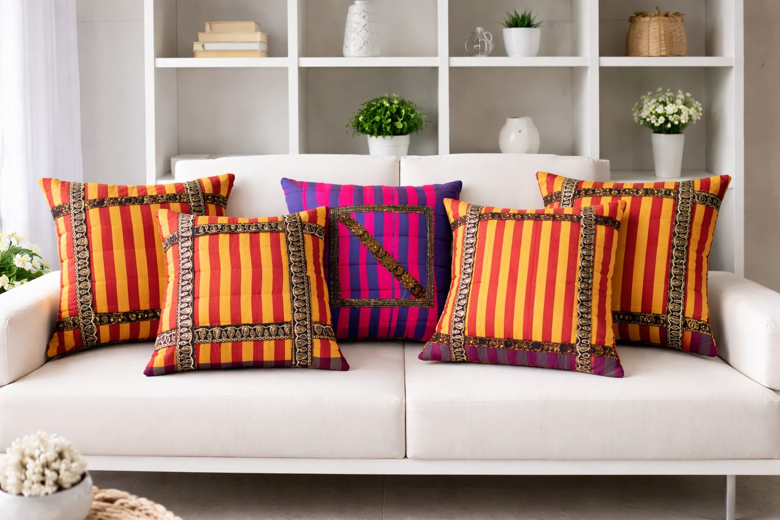 ad decor silk cushion cover set (set of 5 piece)