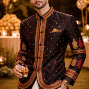 Home opulent modi collar full sleeved assam silk blazer