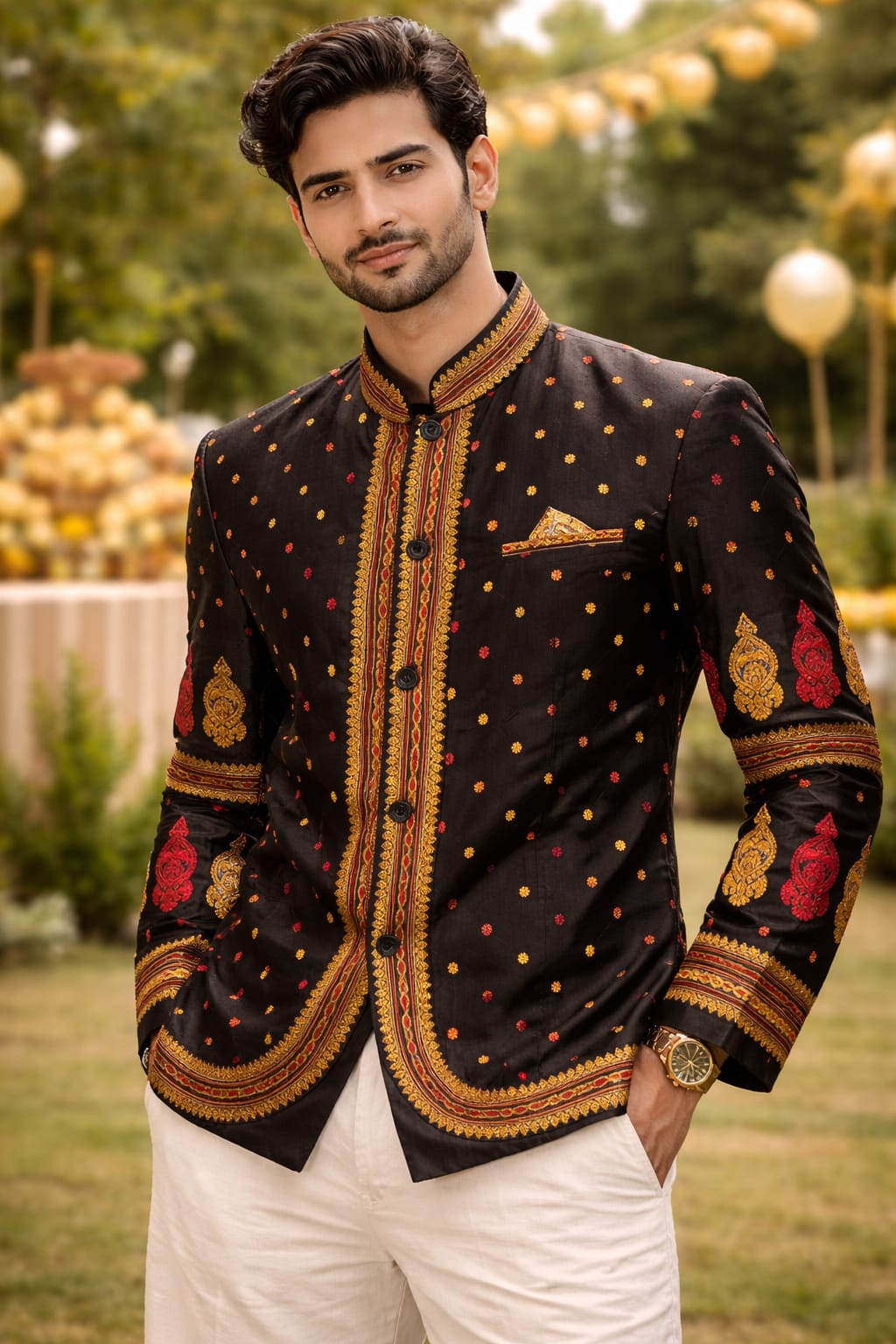 opulent modi collar full sleeved assam silk blazer