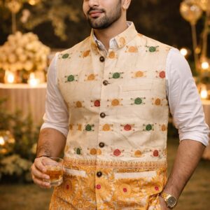 Home opulent modi collar half jacket made of assam silk