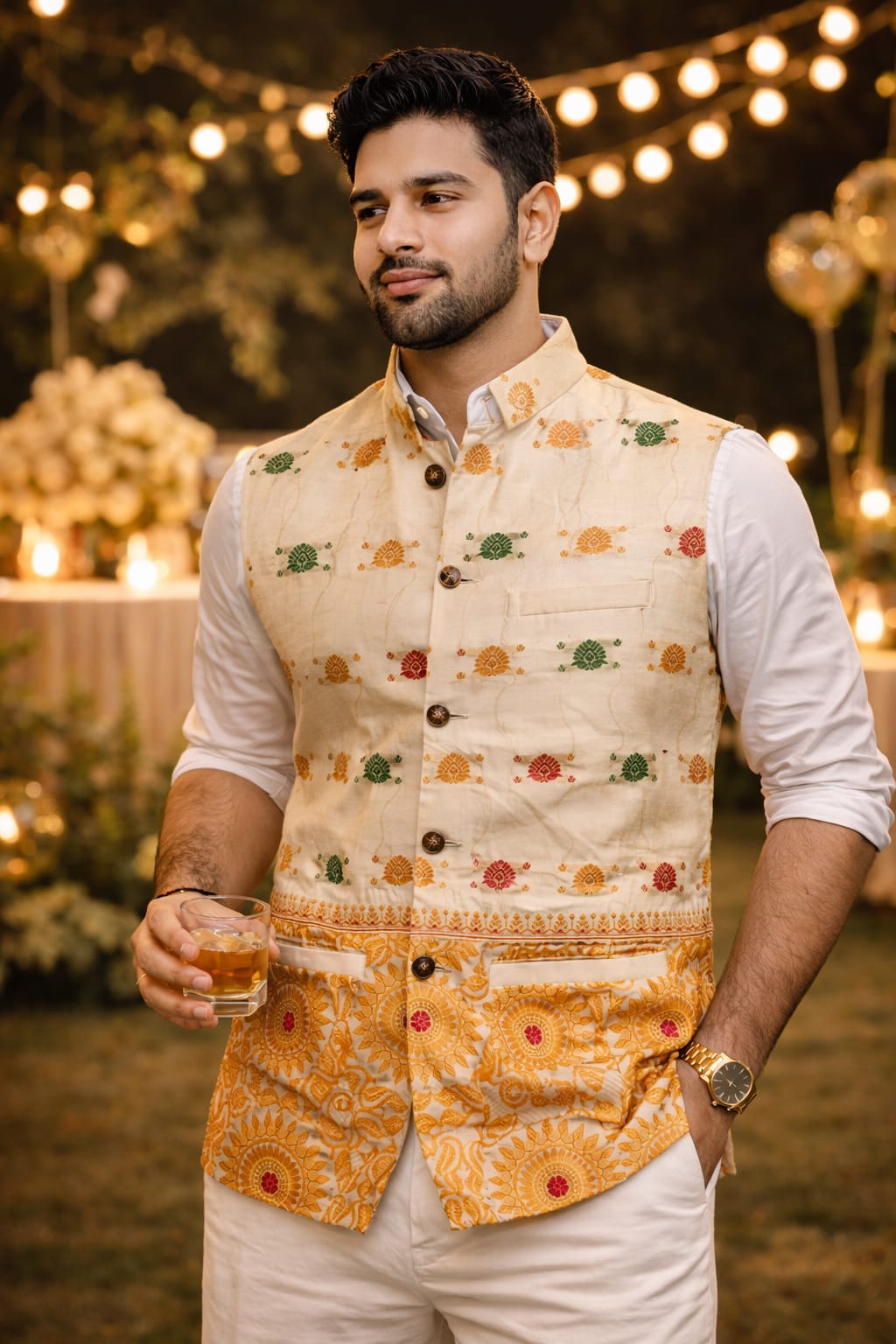 opulent modi collar half jacket made of assam silk